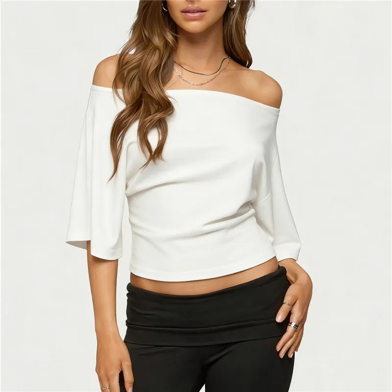 Women's Off Shoulder Striped Solid Mid Sleeve Top Loose Fit Cropped Blouse Casual Y2K Streetwear Summer Vacation Party