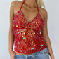 Women Sequin Halter Top Sexy Sleeveless Deep V Neck Glitter Tank Top Sparkle Backless Crop Top Summer Streetwear