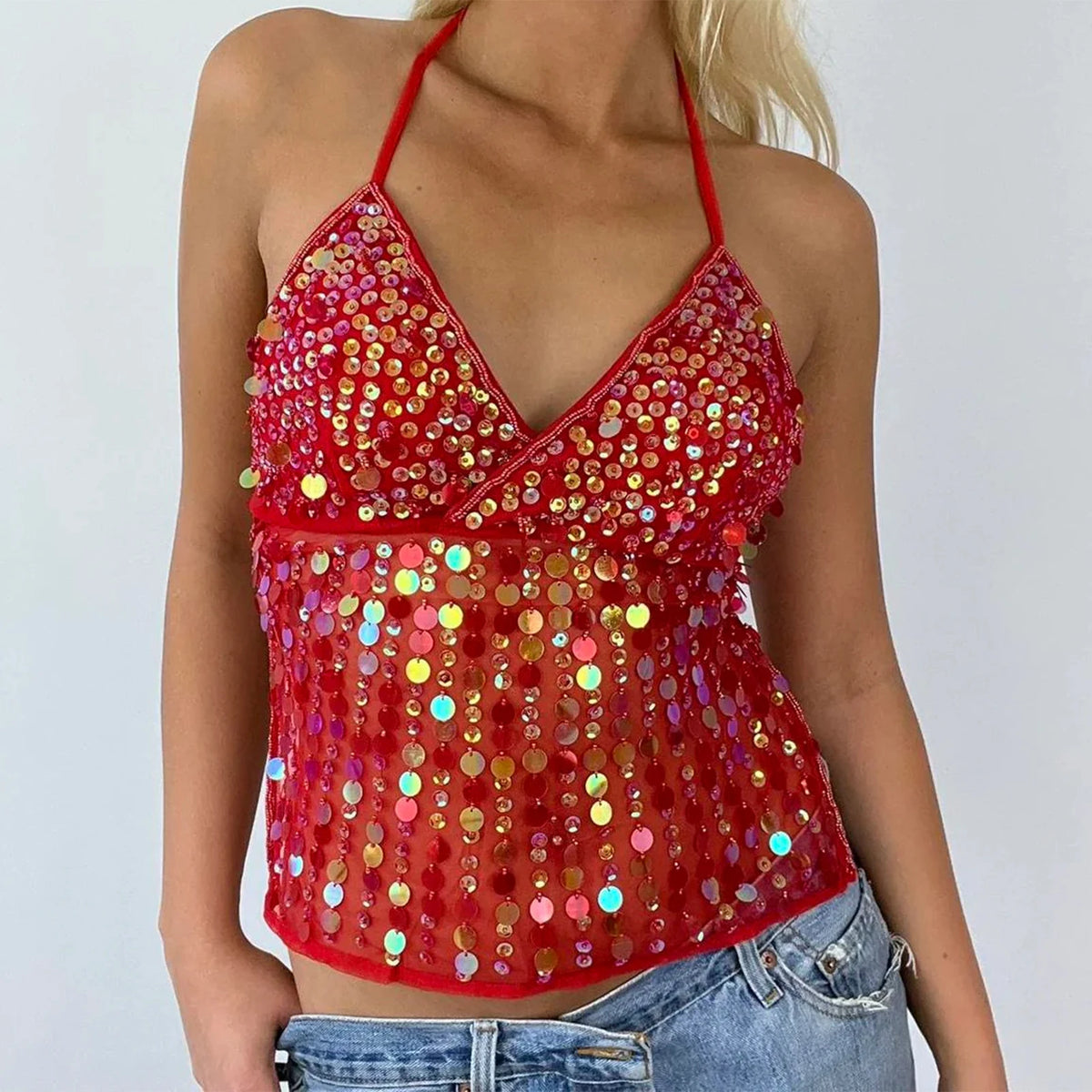 Women Sequin Halter Top Sexy Sleeveless Deep V Neck Glitter Tank Top Sparkle Backless Crop Top Summer Streetwear