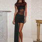 Women Black Lace Mesh 2 Piece Outfit Short Sleeve Sheer Bodysuit And Ruched Mini Skirt Sets Female Clubwear Party Set