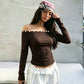 Button Off Shoulder Long Sleeve Tops Fall 2026 Fashion Solid Color Fitted T Shirts Woman Clothing