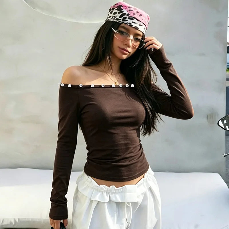 Button Off Shoulder Long Sleeve Tops Fall 2026 Fashion Solid Color Fitted T Shirts Woman Clothing
