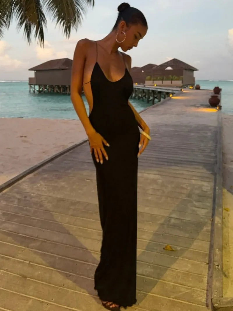 Open Back Spaghetti-strap Maxi Dress Elegant Sexy Women's Summer Dresses Black Gown Vacation Outfits