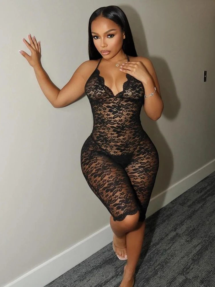 Sexy Coquette Playsuit Women Jacquard Midnight Backless Sleeveless V-Neck Summer Hipster Skinny Fit Stretch Romper