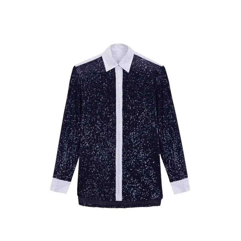 Sequin Loose Pants Two Piece Sets Women Patchwork Long Sleeve Shirt And Trouser Female Elegant Long Pants 2 Piece Sets