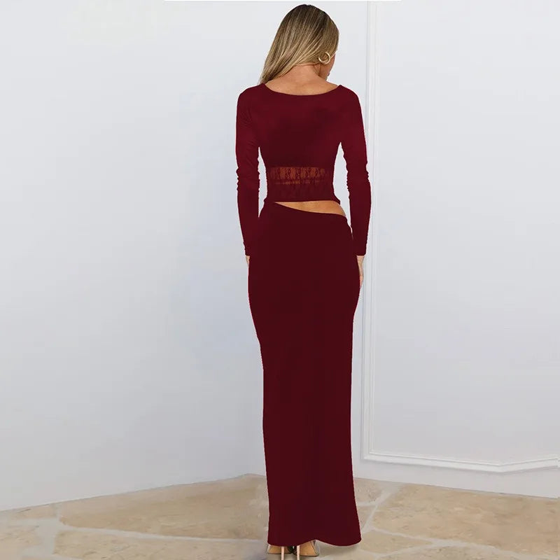 Sexy Lace Splicing Cutout Long Sleeve Maxi Dress for Dinner Party Dresses Black Fall Clothes Woman 2025