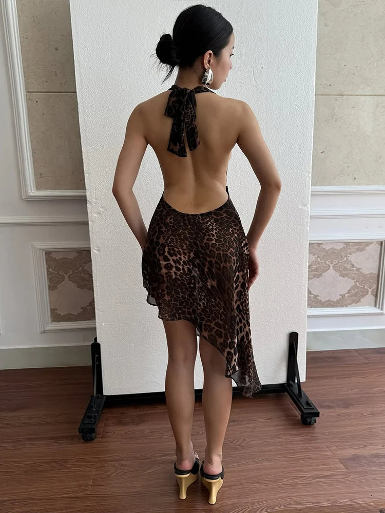 Leopard Print Dress Women See Through Backless Lace-Up Halter Irregular Ruffles Midnight Clubwear Party Mini Bodycon