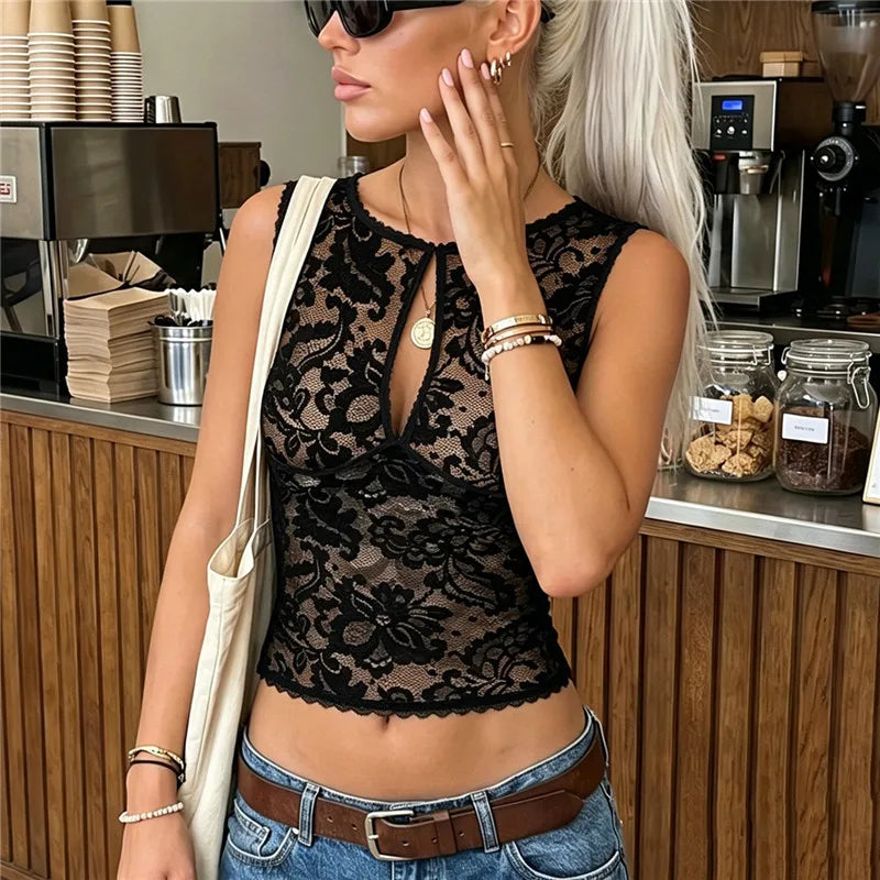 Summer Beach Sheer Lace Sleeveless Top Scallop Edge Neck Keyhole Cutout Slim Short Cover Up Vacation Casual Tank