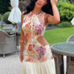 Women Floral Print Sleeveless Sexy Maxi Dress Front Lace Up Waist Cutout Long Dress Summer Vacation Beach Party Dresses