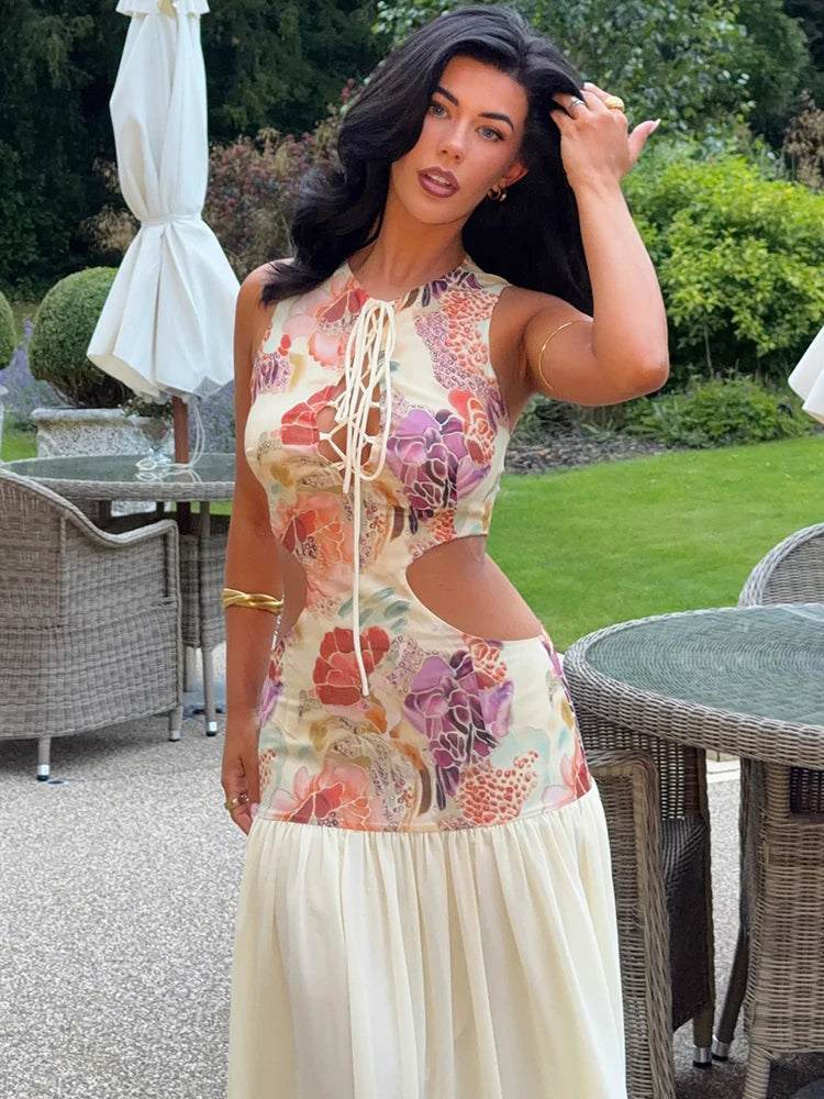 Women Floral Print Sleeveless Sexy Maxi Dress Front Lace Up Waist Cutout Long Dress Summer Vacation Beach Party Dresses