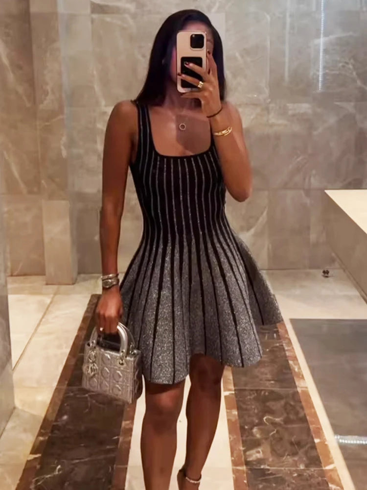 Stripe Patchwork Crochet Mini Dress Women Summer Trend Square Collar Backless Sleeveless Prom Party Elegant Outfits