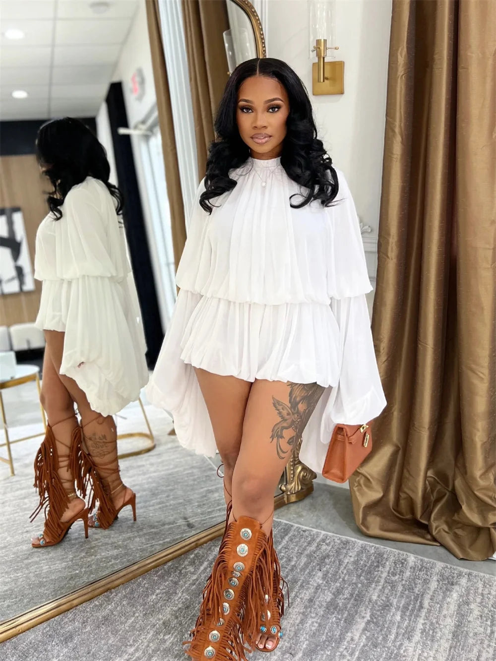 Lantern Sleeve 2 Piece Set Women Sexy Solid O-Neck Ruffled Hem Tops+Shorts Matching Birthday Party Vacation Outfits