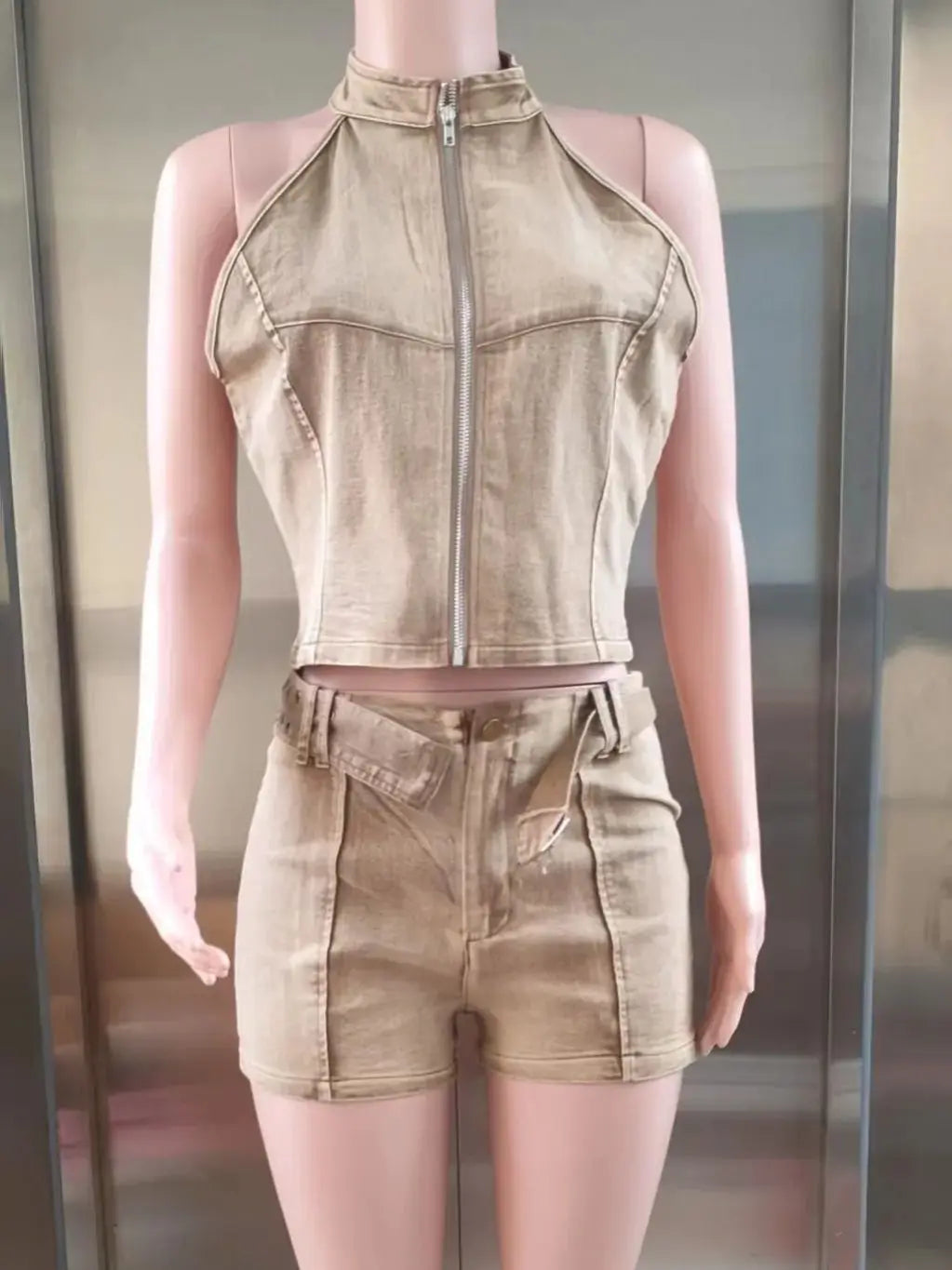 Distressed Style Denim 2 Piece Set Women Zipper Cardigan Sleeveless Crop Top+Skinny Shorts Hottie Street Hipster Suit