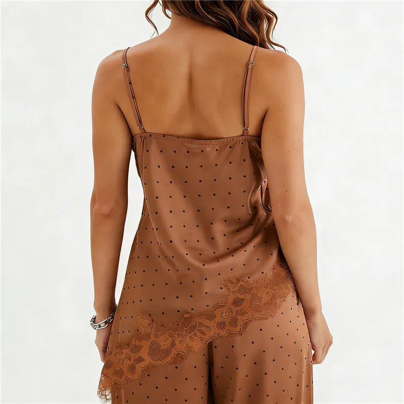 Fashion Summer Women Satin Camisole Top Y2K Polka Dot Lace Trim Spaghetti Strap V Neck Blouse Casual Streetwear