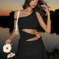 Asymmetrical Cutout One Shoulder Mini Dress Yellow Black Sexy Beach Vacation Dresses for Summer Outfits