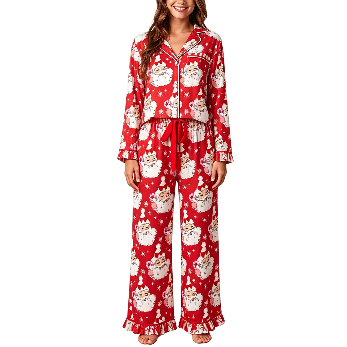 Satin Women Christmas Pajama Set Ruffle Trim Long Sleeve Shirt And Pants Santa Candy Cane Print Holiday Sleepwear