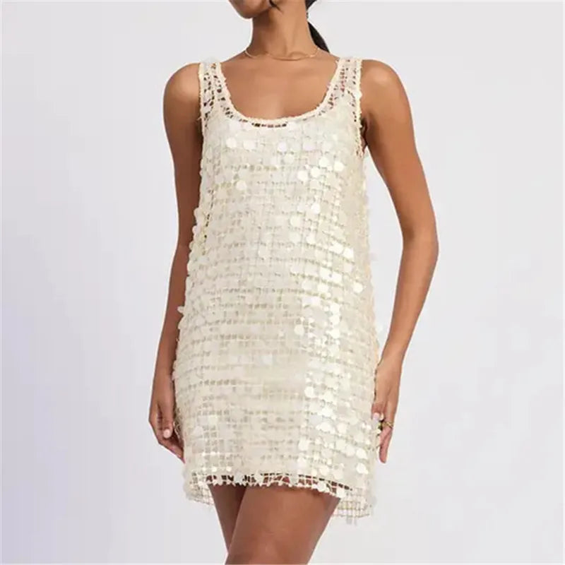 Women Sparkly Sequin Mesh Mini Dress U Neck Tie Back Sleeveless Loose Fit Dress Summer Beach Vacation Party Night Out