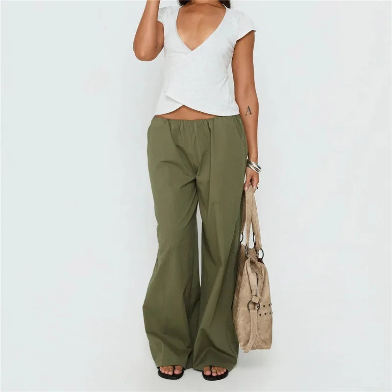 American Minimalist Elastic Waist Wide Leg Pants Women Oversized Draped Baggy Floor Length Casual Daily Office Trousers