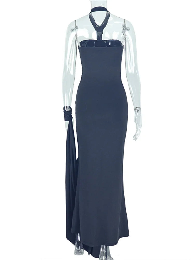 Elegant Halter Maxi Dress Women Backless Skinny Hand Strap Hem Summer Trend Sexy Vacation Birthday Party Vestidos
