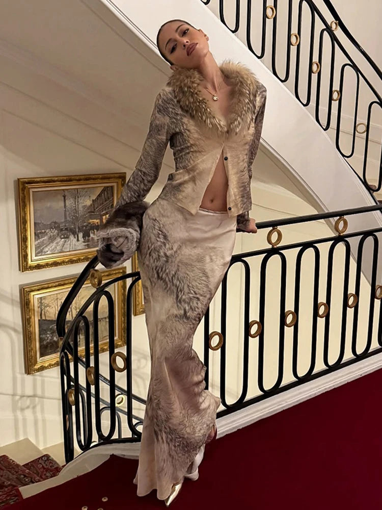 Elegant 2-Piece Set Women Fur Collar Single Breasted Crop Tops+Skirt Matching Streetwear Tight Luxury Skinny Outfits