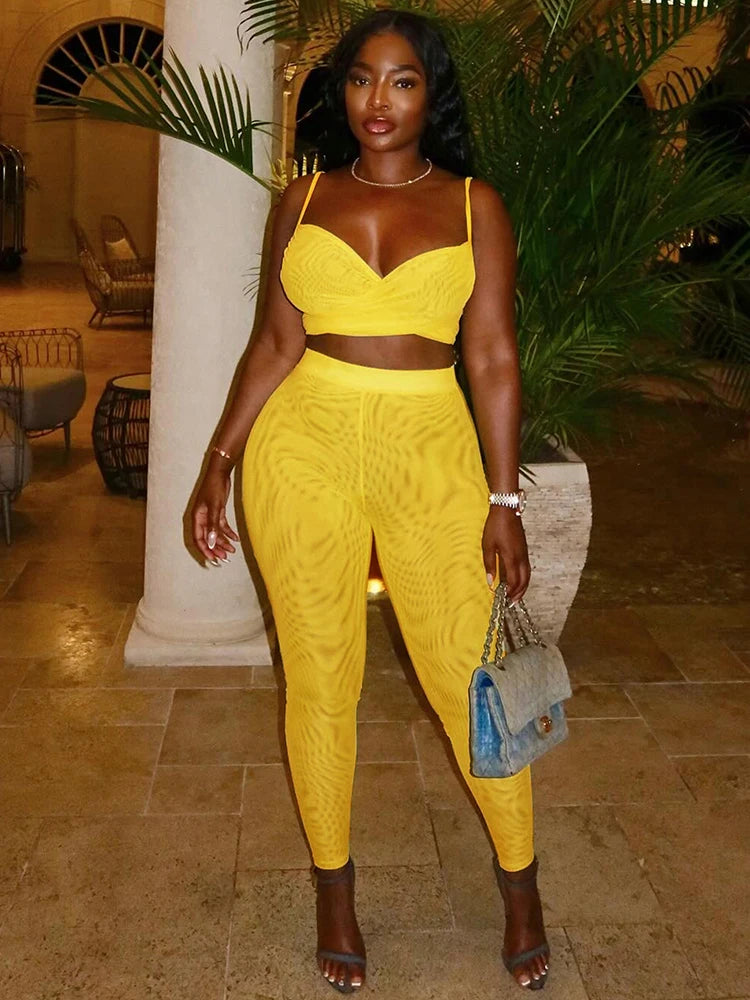 Sexy Women 2 Piece Set Summer Tracksuit Cross Mesh Camisole+Leggings Stretch Tight Matching Streetwear Matching Suits