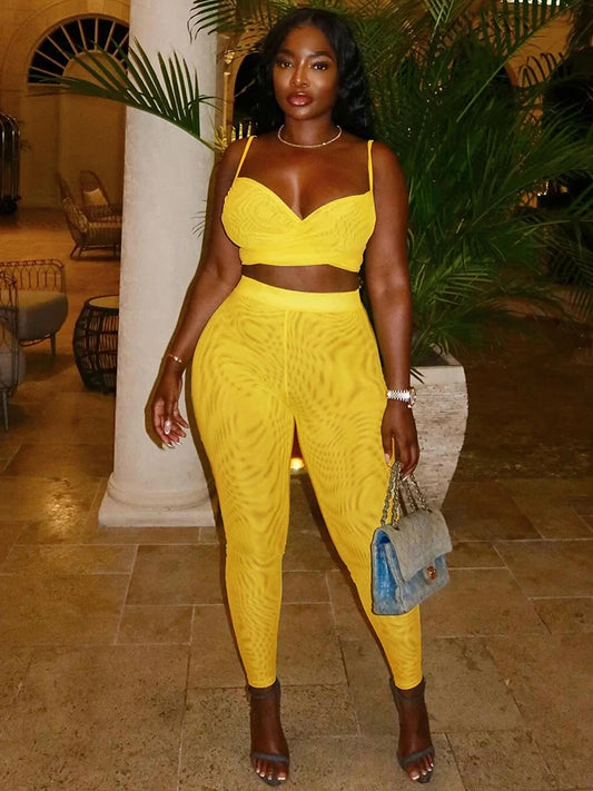 Sexy Women 2 Piece Set Summer Tracksuit Cross Mesh Camisole+Leggings Stretch Tight Matching Streetwear Matching Suits