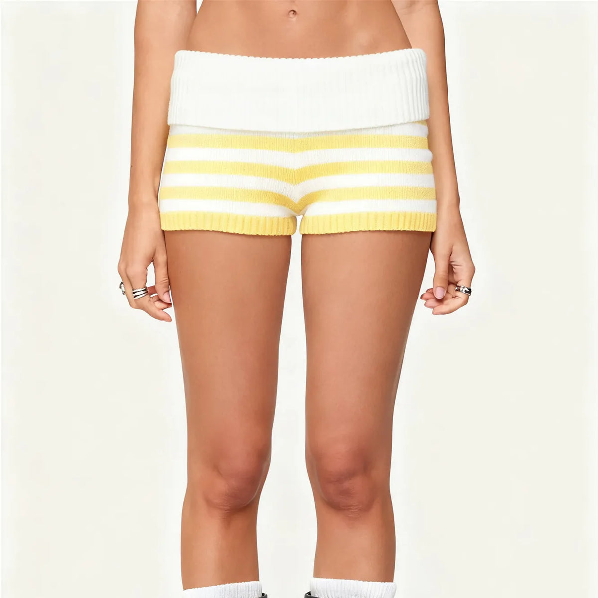 Women Y2k Knit Mini Shorts Striped Foldover Low Waist Elastic Slim Fit Vintage Going Out Micro Bottom Streetwear