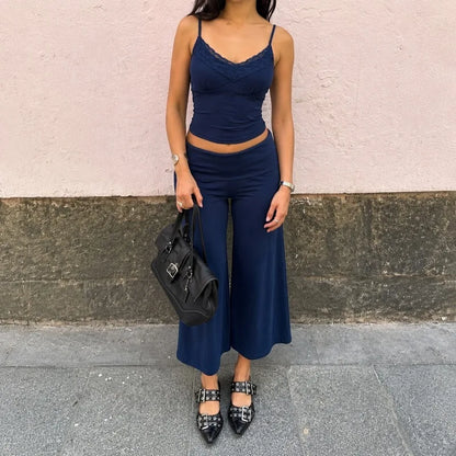2 Piece Set Lace-trim Camisole Crop Top and Matching Low-rise Wide-leg Pants Lounge Wear Woman Summer Outfits