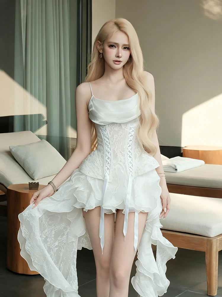 Sweet 2-Piece Set Women Jacquard Cross Bandage Belt+Tierred Swing Collar Tassel Dress Chic Birthday Party Chic Suit