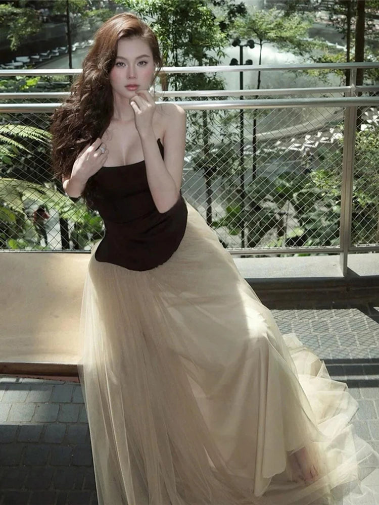 Patchwork Tierred Dress Women Sexy Strapless Mesh Elegant Princess Evening Birthday Party Simple Skinny Maxi Bodycon