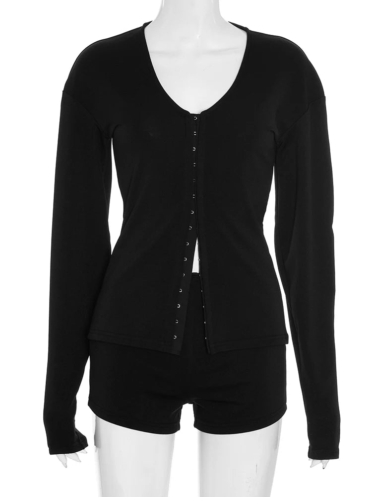 Basic 2-Piece Set Women Tracksuit Single Breasted V-Neck Full Sleeve Crop Jacket+Bike Shorts Skinny Simple Streetwear