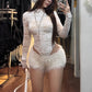 Party 2 Piece Set Women Jacquard Full Sleeve O-Neck Bodysuits+Tassel Shiny Threads Shorts Chic Sexy Fashion Club Suits