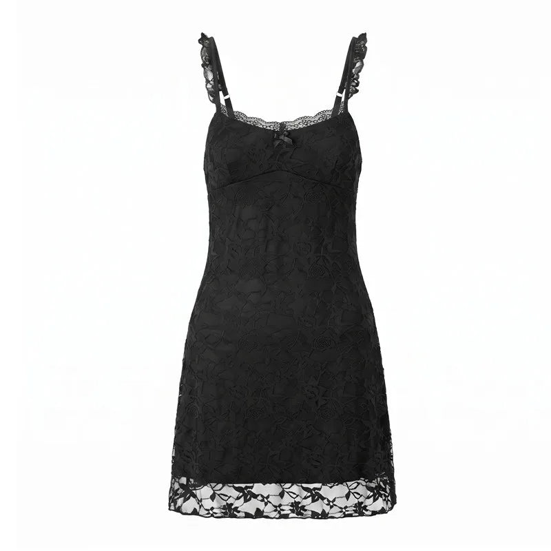 Vintage Y2K Women Floral Lace Bodycon Mini Dress Ruffle Trim Spaghetti Strap V Neck Sleeveless Club Night Short Dress