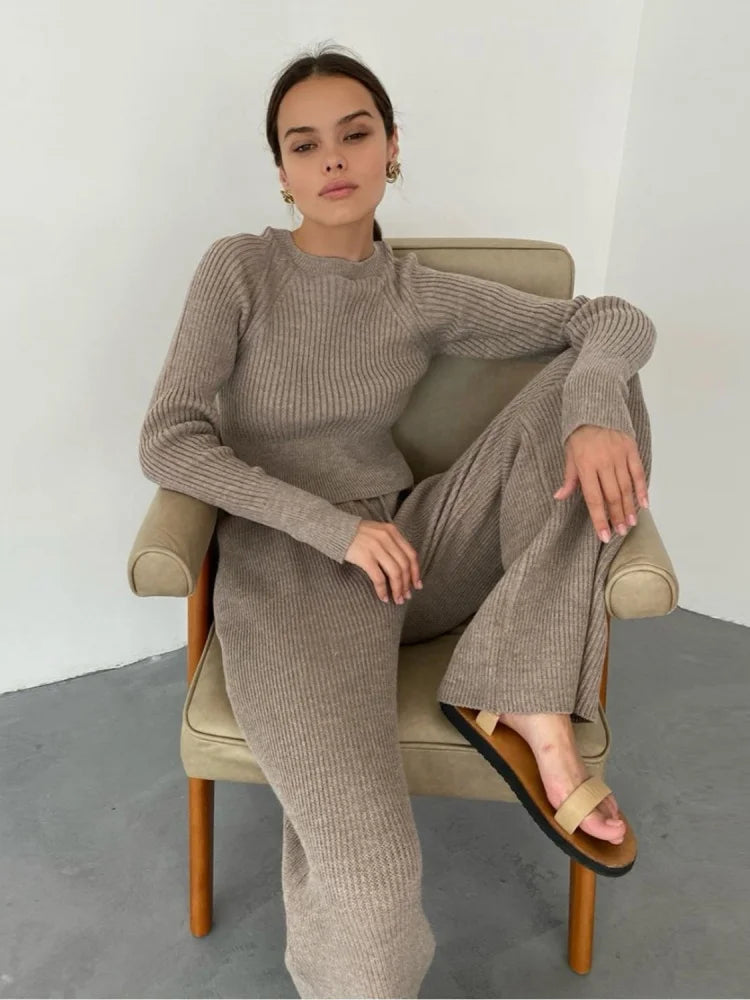 Knitted Sweater Long Sleeve Top and Pants Two Piece Set Women Autumn Winter Outfits Cozy Lounge Wear