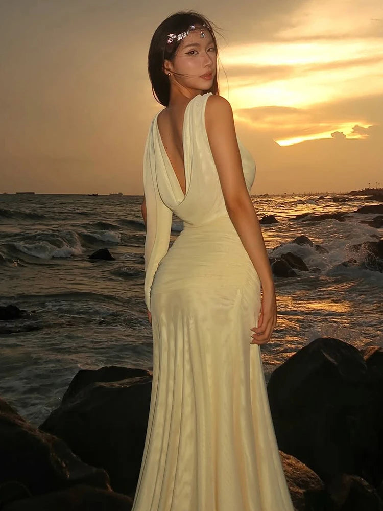 Bandage Tassel Dress Women Y2K Simple Swing Collar Sleeveless Irregular Hem Beach Party Elegant Banquet Chic Vestidos