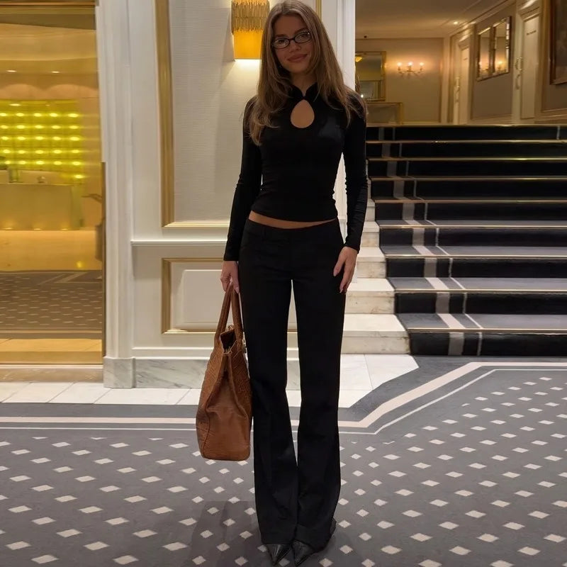 Fitted Black Long Sleeve Top with Keyhole Cutout Fashin 2026 Fall T Shirts Woman Clothing