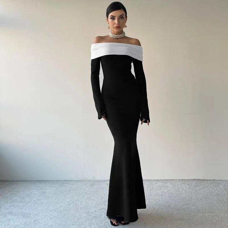 Black Off Shoulder Bodycon Long Dresses for Woman Winter Fashion Elegant Evening Dress Sexy Party Outfits