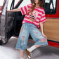 Women's Striped Cake Graphic Oversized T-Shirt, Cute Cherry Print Casual Tee, Y2K Aesthetic Short Sleeve Summer Top