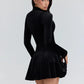 Hollow Out Long Sleeve Sexy Mini Dress Women Elegant Velvet Turtleneck High Waist A-line Club Party Dress Female