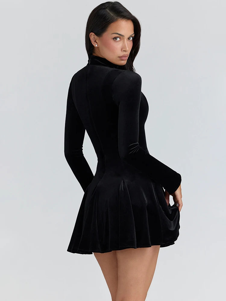 Hollow Out Long Sleeve Sexy Mini Dress Women Elegant Velvet Turtleneck High Waist A-line Club Party Dress Female