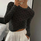 Women's Polka Dot Mesh Long Sleeve Top Sheer Slim Fit Crew Neck T-Shirt Y2K See-Through Casual Streetwear Blouse