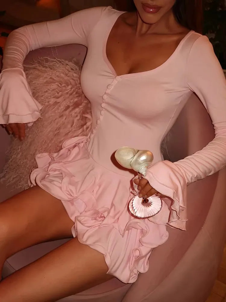 Flare Sleeve Ruffle Sexy Mini Dress Women Robe Irregular Single-breasted V Neck High Waist Slim A-line Club Dress