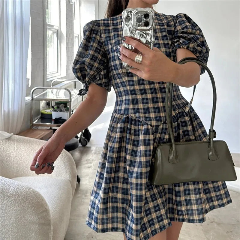 Women's Y2K Plaid Mini Dress Round Neck Puff Sleeve Bow Tie Cuffs A-Line Flared Skirt Casual Vintage Summer Dress