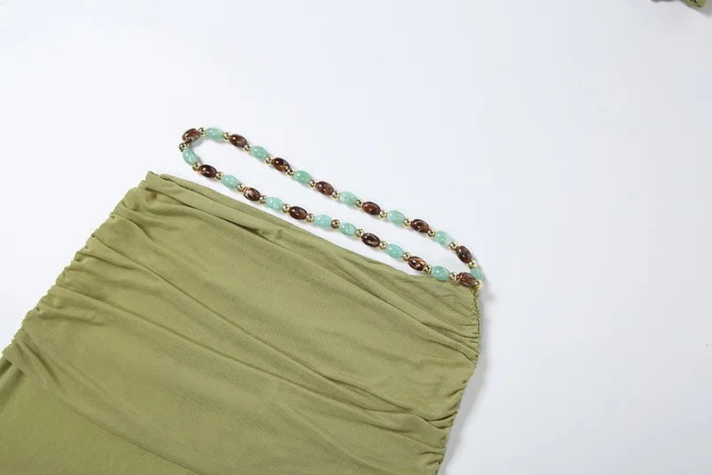 2 Piece Set Beaded Halter Top and Long Skirt Green Sexy Vacation Outfits Women Matching Sets Summer 2026