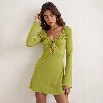 Flared Long Sleeve Mini Dresses Deep V Neck Front Tie Cutout Black Fitted Dress for Woman Clothing Fall 2026