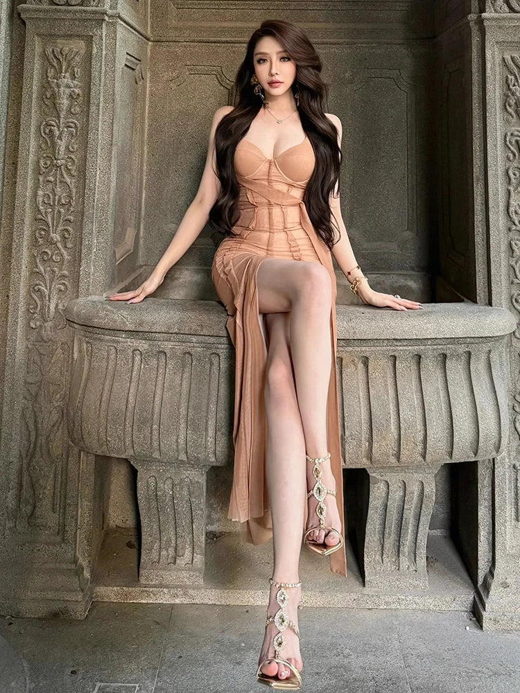 High Splits Tassels Maxi Dress Women Sexy Patchwork v-Neck Backless Sexy Zipper Elegant Banquet Skinny Party Vestidos