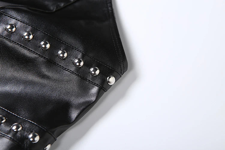 Fashion Rivet Decoration PU 2 Piece Set Woman Halter Open Collar Zipper Backless Tank Tops+Skinny Shorts Street Suits