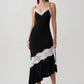 Women Spaghetti Strap V‑Neck Sexy Midi Dress Contrast White Lace Patchwork Ruffle Hem Bodycon Party Evening Dresses