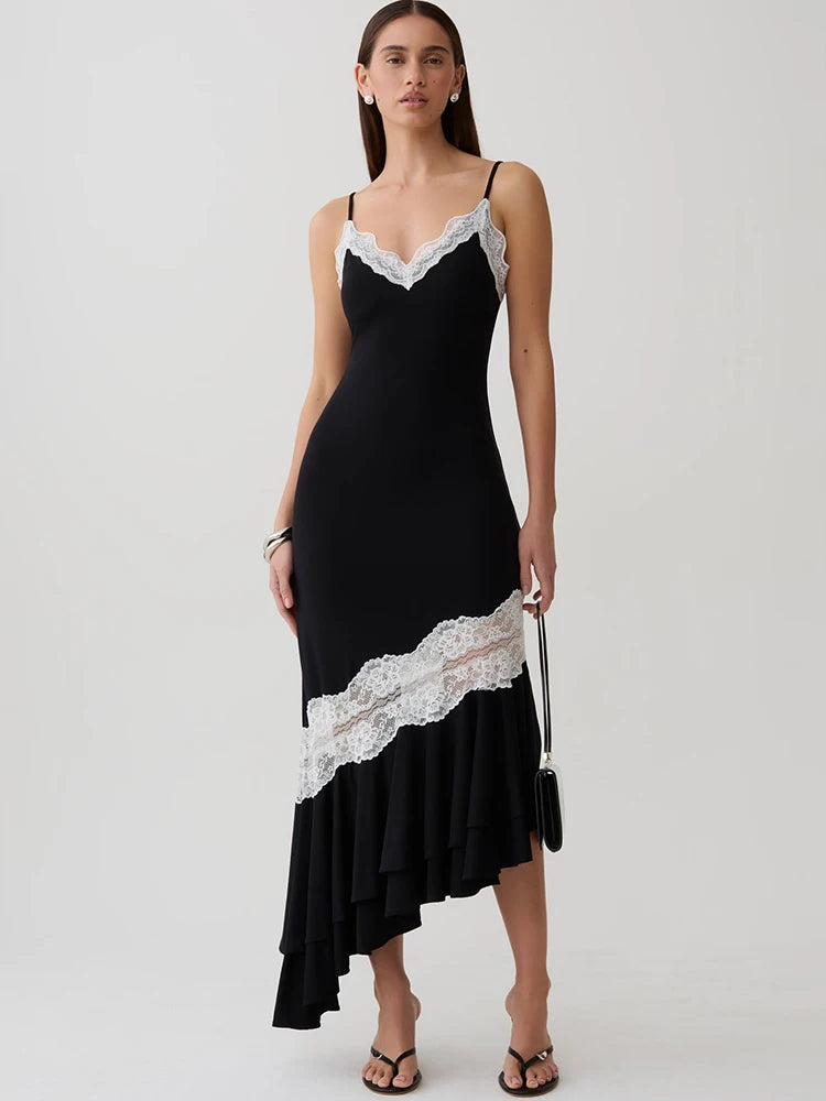 Women Spaghetti Strap V‑Neck Sexy Midi Dress Contrast White Lace Patchwork Ruffle Hem Bodycon Party Evening Dresses