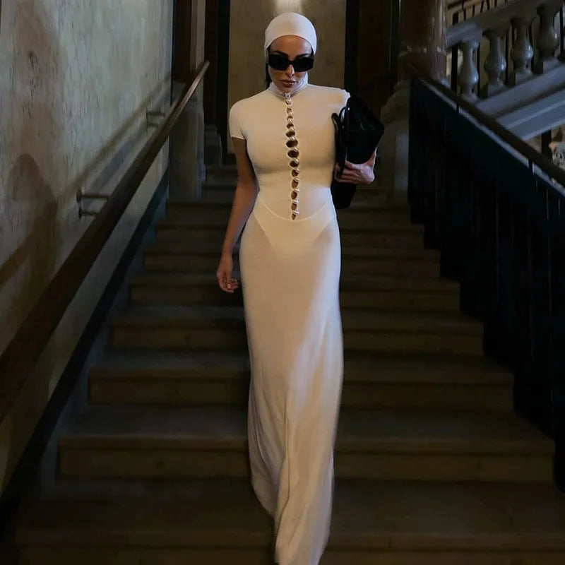 Button Hollow Short Sleeve Maxi Dress White Black Vintage Elegant Dresses for Women Clothes 2026